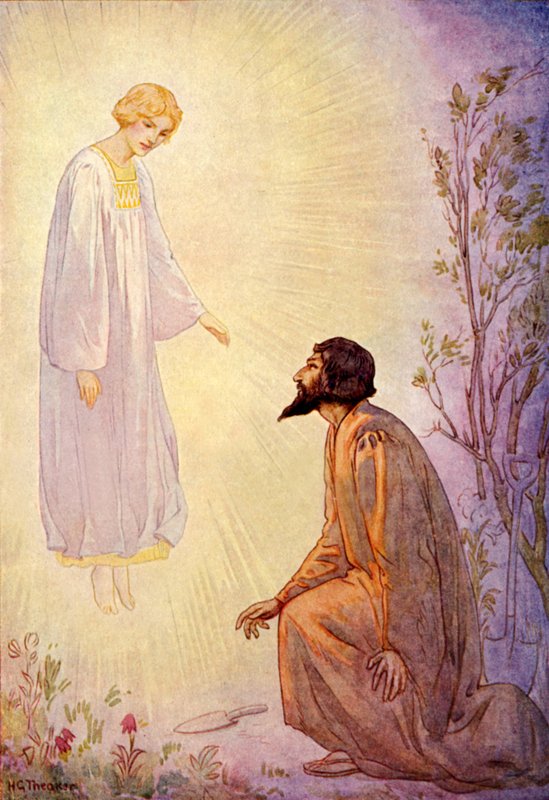 Jozef bezocht door een mooie geest (kleurenlitho) door Harry George Theaker