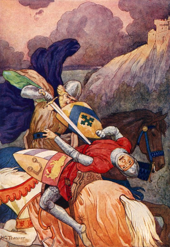 Koning Arthur steekt zijn vijand door de borst (kleurenlitho) door Harry George Theaker
