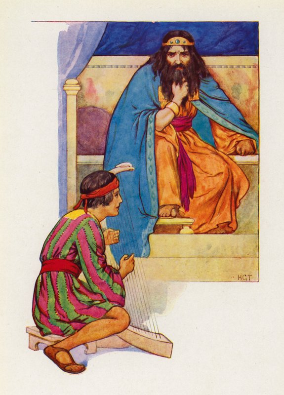 Koning Saul zei tegen David dat hij op de harp moest spelen (kleurenlitho) door Harry George Theaker