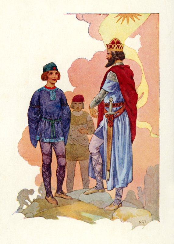 Merlijn geleid voor de koning (kleurenlitho) door Harry George Theaker