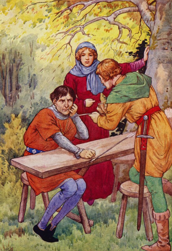"Schrijf nu op de schacht van die pijl, Sheriff, je eigen naam" (kleurenlitho) door Harry George Theaker