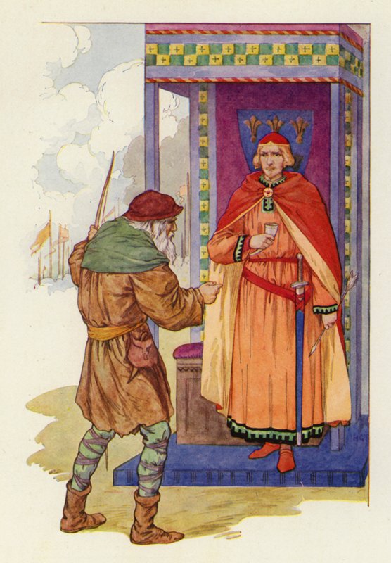 "Oude man," zei graaf John, "ik wou dat die rechterhand van je afgehakt was in plaats van dat jij deze prijs zou krijgen" (kleurenlitho) door Harry George Theaker