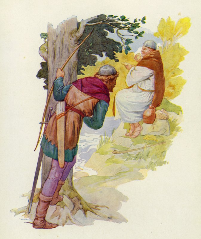 Op een kleine heuvel naast de doorwaadbare plaats knabbelde een enorme man aan een grote hertenpastei (kleurenlitho) door Harry George Theaker