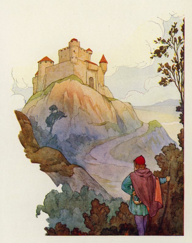 Op de hoogte stond Evil Hold, Isambarts grote kasteel van waaruit hij vreselijk heerste over het hele land rondom (kleurenlitho) door Harry George Theaker