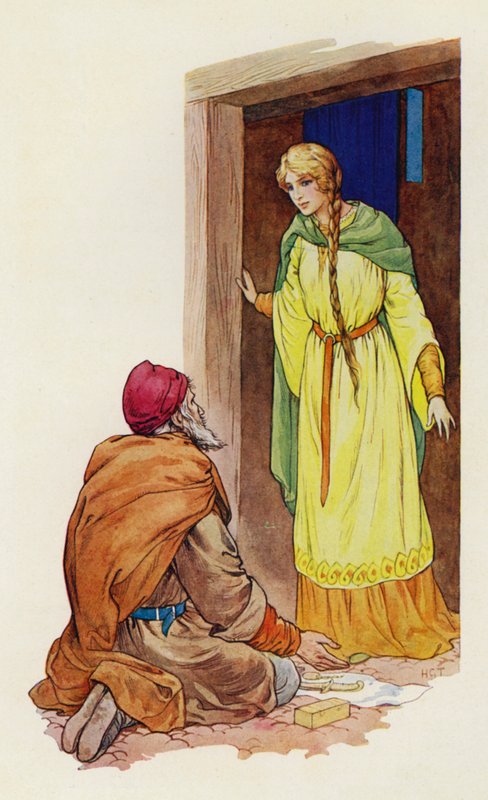 Op het moment dat Marian het gezicht van Roger de Wrede kende (kleurenlitho) door Harry George Theaker