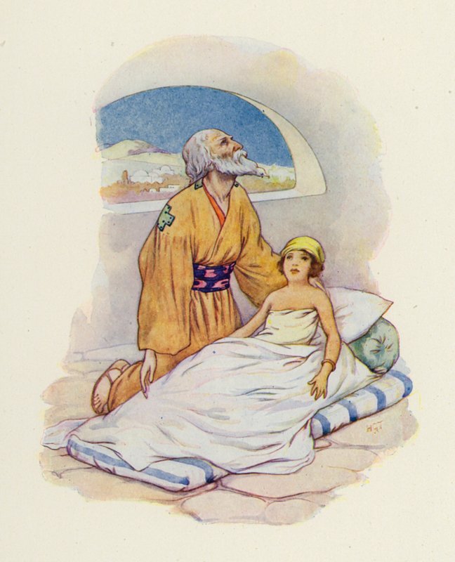 Opnieuw drukte Elisa het kleine kind dicht tegen zich aan (kleurenlitho) door Harry George Theaker