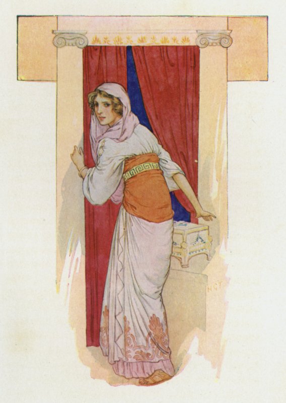 Pandora kon zich niet langer inhouden (kleurenlitho) door Harry George Theaker