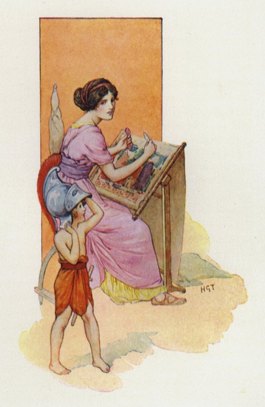 Penelope met haar zoon Telemachus (kleurenlitho) door Harry George Theaker