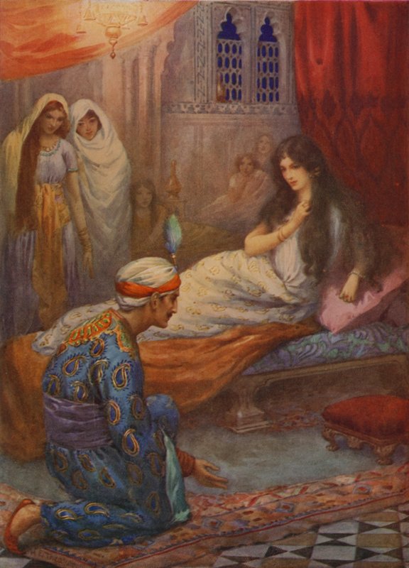 Prins Feroze-Shah wekt de mooie prinses (kleurenlitho) door Harry George Theaker
