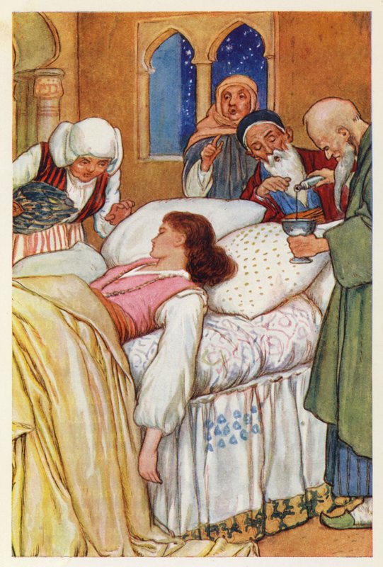 Prinses Aldegonda en haar Artsen (kleurenlitho) door Harry George Theaker