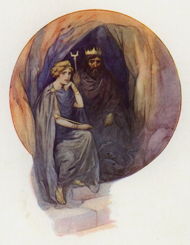 Proserpine zittend in lange zwarte gewaden, op een grote zwarte troon met de woeste zwarte koning naast haar (kleurenlitho) door Harry George Theaker
