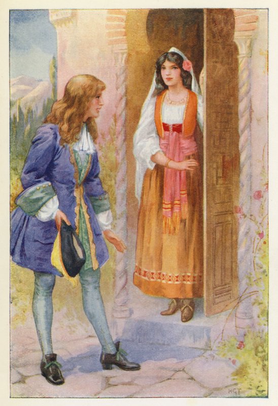 Ruyz de Alarcon en de Roos van het Alhambra (kleurenlitho) door Harry George Theaker