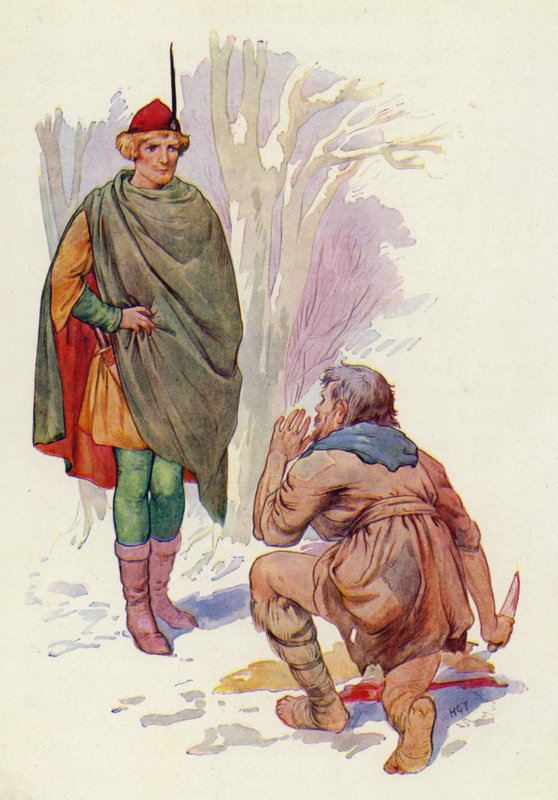 Sebald stond tegenover hem met opgeheven mes en doodsangst in zijn uitgemergelde gezicht (kleurenlitho) door Harry George Theaker