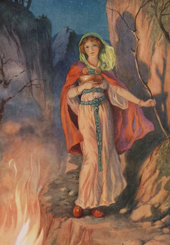 Sigyn, uit "De ondergang van Loki en zijn kinderen" (kleurenlitho) door Harry George Theaker
