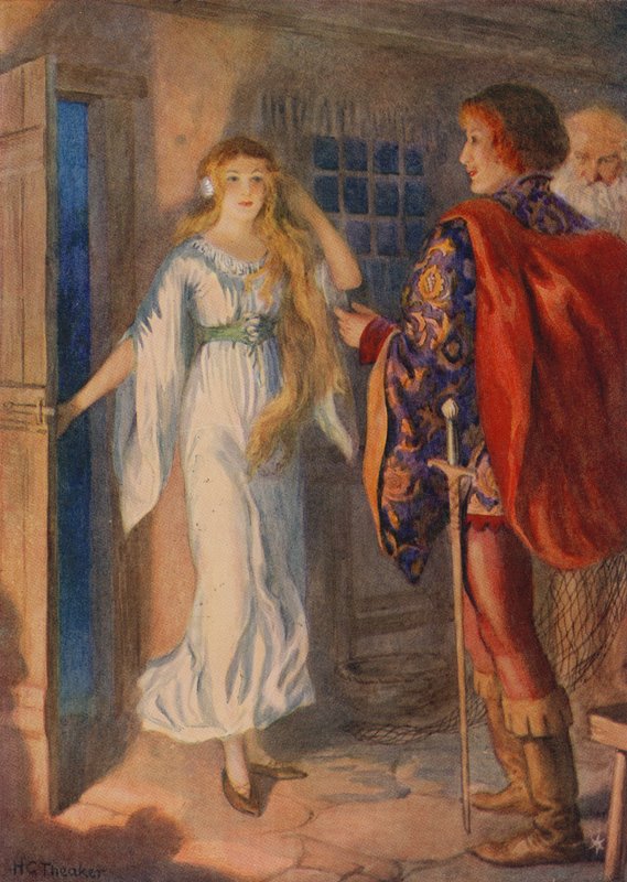 Sir Huldbrand en Undine, uit "Undine" (kleurenlitho) door Harry George Theaker