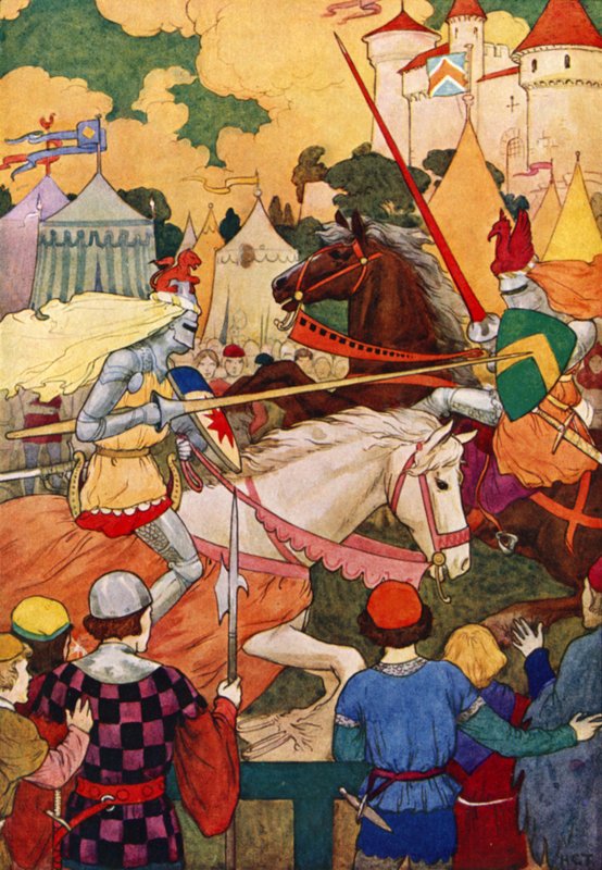 Sir Lancelots eerste toernooi (kleurenlitho) door Harry George Theaker
