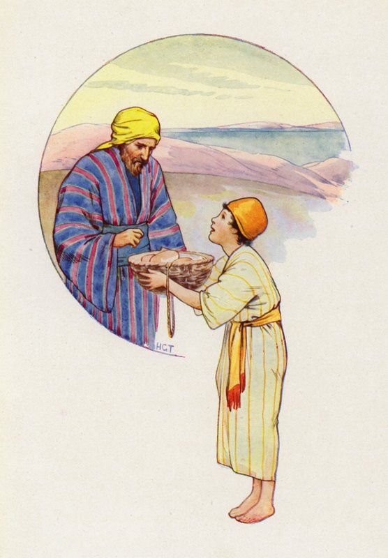 "Zeg tegen de meester dat hij dit allemaal mag hebben," riep het jongetje (kleurenlitho) door Harry George Theaker