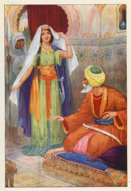 De mooie gevangene en Aben Habuz (kleurenlitho) door Harry George Theaker
