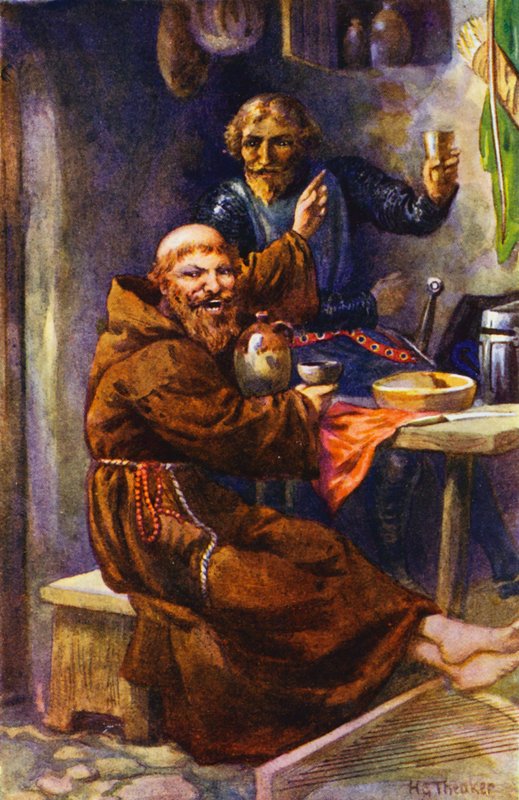 De Zwarte Ridder geniet van de gastvrijheid van de joviale kluizenaar (kleurenlitho) door Harry George Theaker