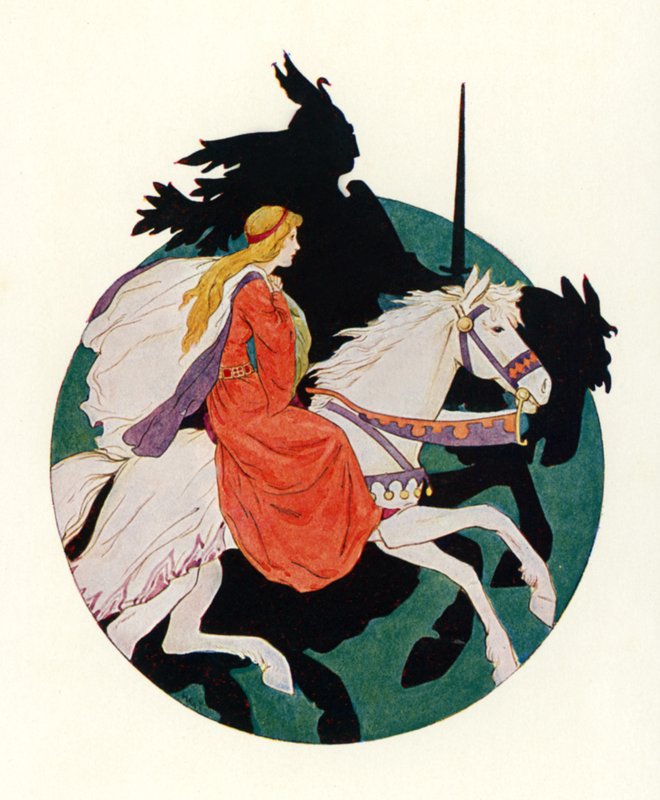 De zwarte ridder rijdt weg met het meisje (kleurenlitho) door Harry George Theaker