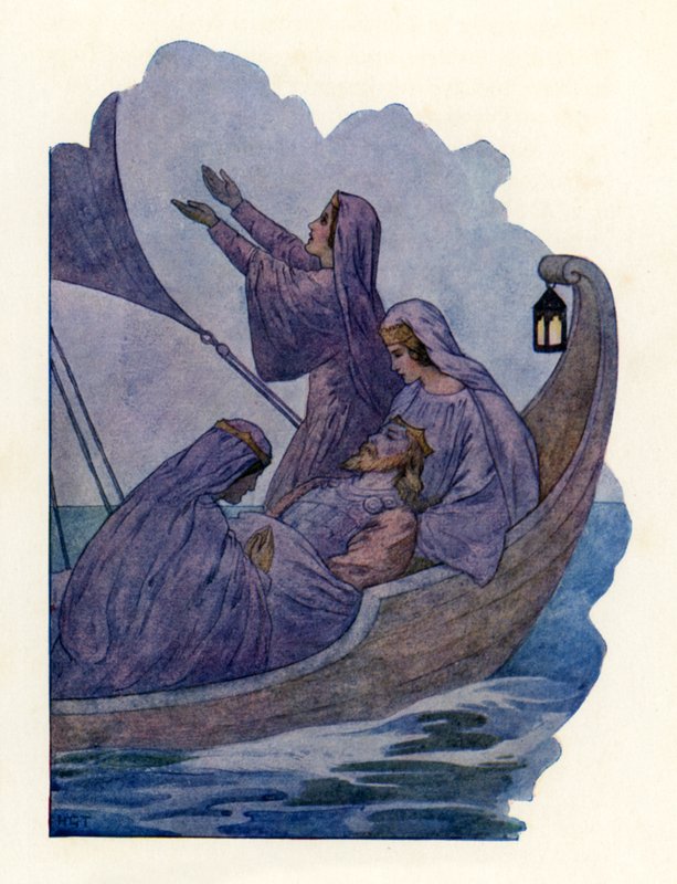 De dood van koning Arthur (kleurenlitho) door Harry George Theaker