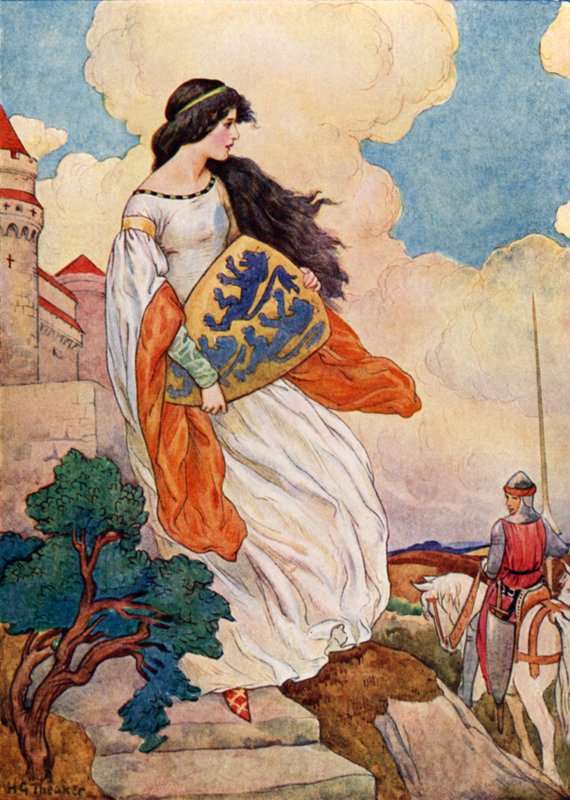 De prinses Iseult met het schild van Sir Tristram van Lyonesse (kleurenlitho) door Harry George Theaker