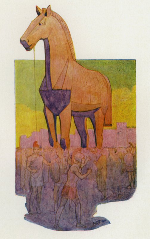 Het Paard van Troje (kleurenlitho) door Harry George Theaker