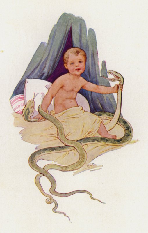 De baby Hercules die de slangen wurgt (kleurenlitho) door Harry George Theaker