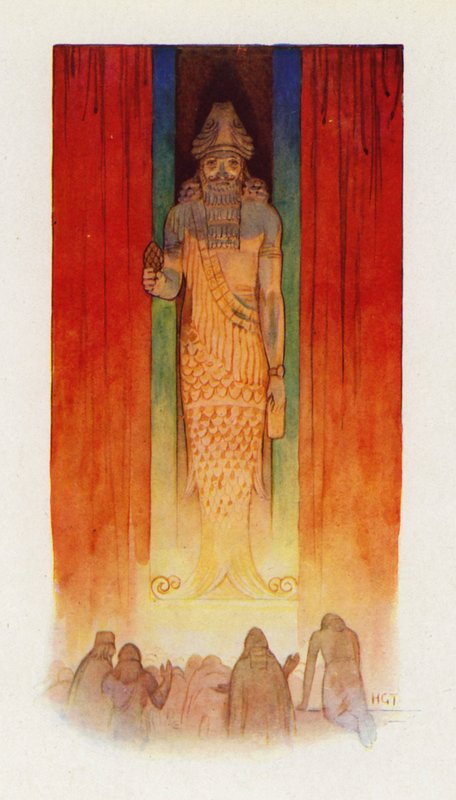De oppergod van de Filistijnen was een visgod (kleurenlitho) door Harry George Theaker
