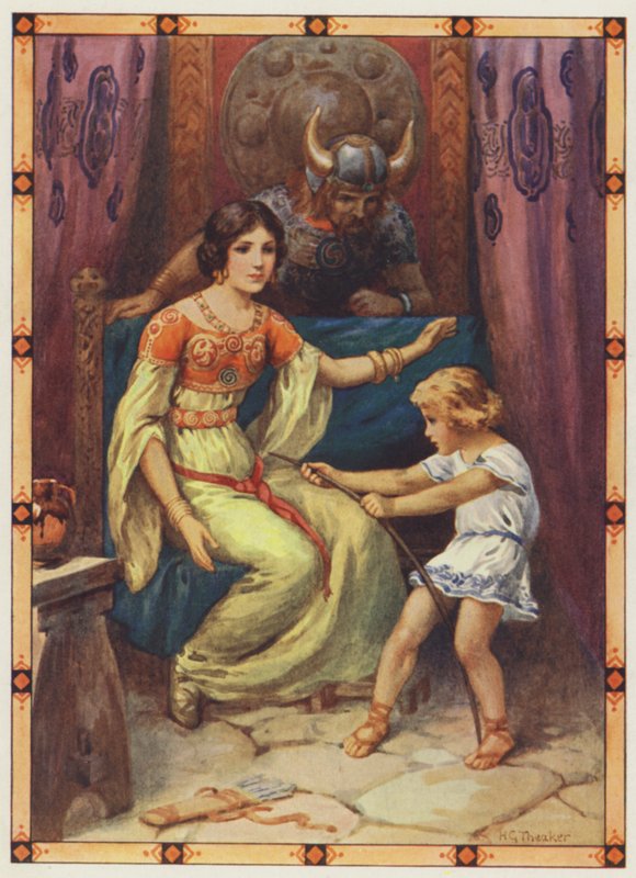 "Het kind vertoonde tekenen van verbazingwekkende kracht", The Tyrant of the Isles (kleurenlitho) door Harry George Theaker