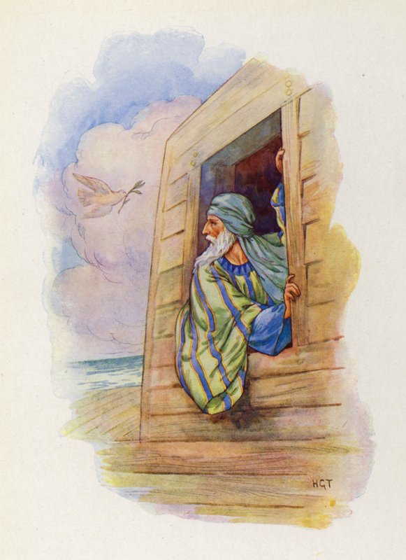 De duif kwam terug met een olijfblad in haar snavel (kleurenlitho) door Harry George Theaker