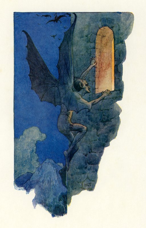 De sprookjesman glipte naar binnen door het open raam (kleurenlitho) door Harry George Theaker
