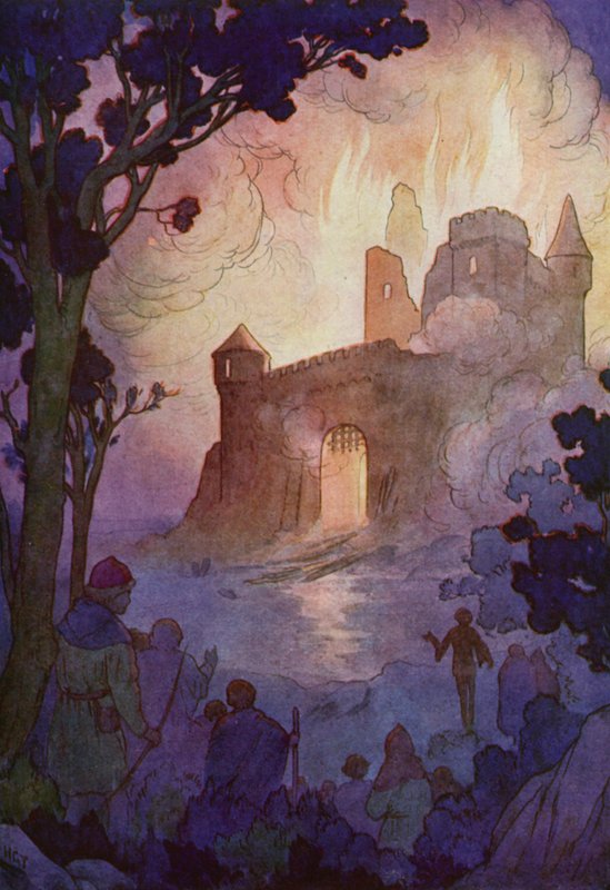 De grote donjon vlamde op, een vuurzuil die mijlenver zichtbaar was (kleurenlitho) door Harry George Theaker