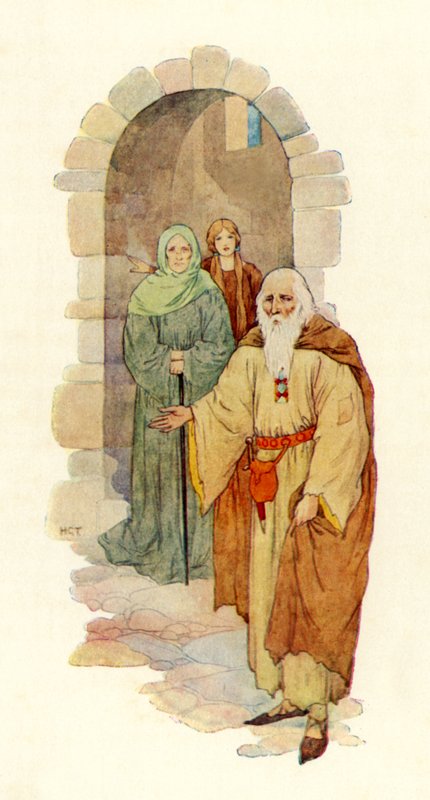 De oude man nodigt de ridder uit in het verwoeste paleis (kleurenlitho) door Harry George Theaker