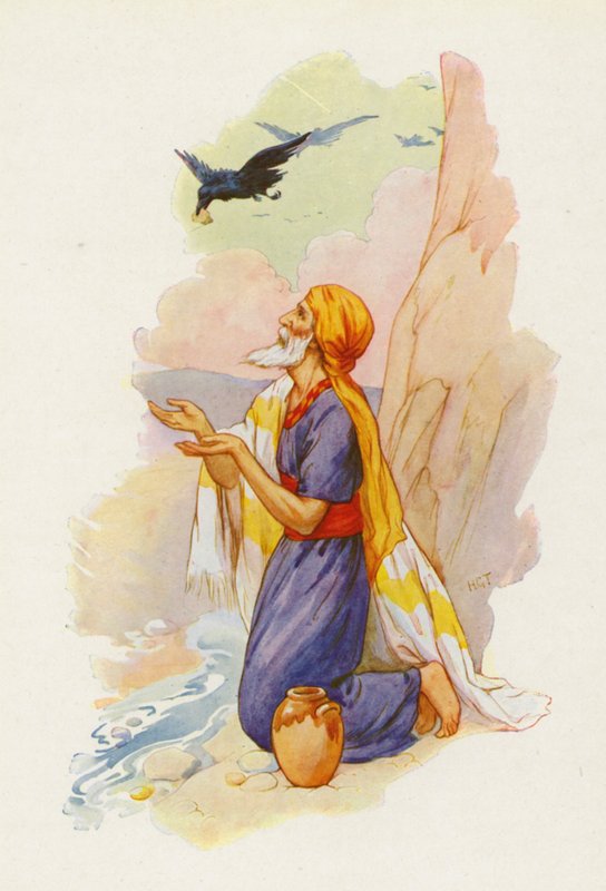 De raven brachten brood en vlees naar Elia (kleurenlitho) door Harry George Theaker