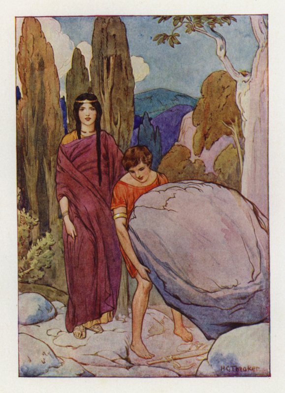 Theseus die de grote rots opheft waaronder het zwaard en de sandalen liggen (kleurenlitho) door Harry George Theaker