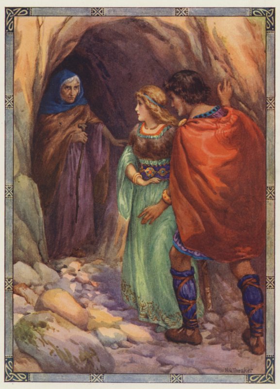 "Ze kwamen bij een grot aan zee", Diarmuid en Grania (kleurenlitho) door Harry George Theaker