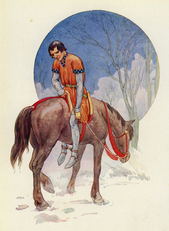 Zo reed Guy weg, met zijn gezicht naar hen toe, zijn voeten stevig onder het paard geklemd (kleurenlitho) door Harry George Theaker