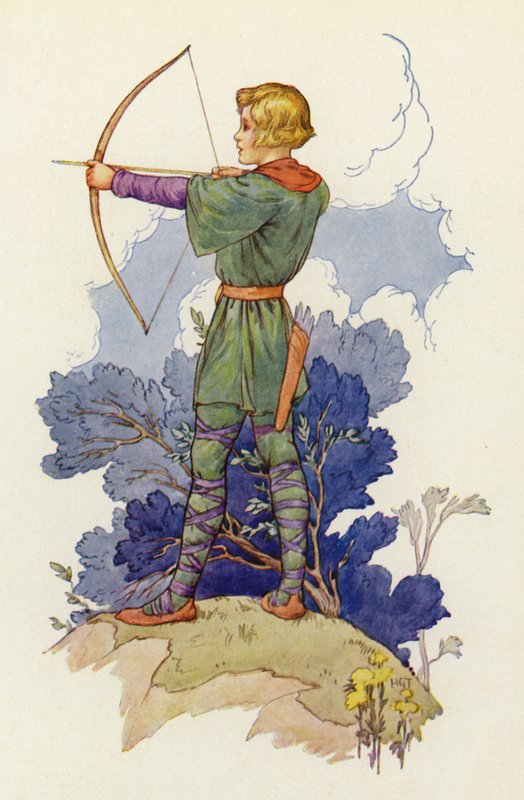 "De jonge Waltheof is nu een mooie jonge haan," zei Much, "hij zweert dat hij de man van Robin Hood zal zijn als hij groot is" (kleurenlitho) door Harry George Theaker