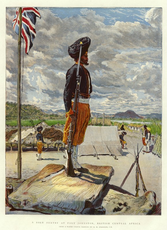 Een Sikh Wachtpost bij Fort Johnston, Brits Centraal-Afrika door Harry Hamilton Johnston
