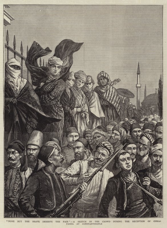 Alleen de dapperen verdienen de schone, een schets in de menigte tijdens de ontvangst van Osman Pasha in Constantinopel door Harry Hamilton Johnston