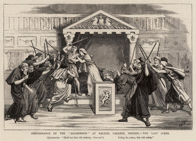 Opvoering van de Agamemnon aan Balliol College, Oxford, de laatste scène door Harry Hamilton Johnston