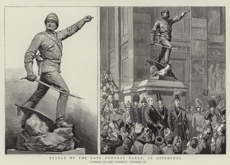 Standbeeld van de overleden generaal Earle, in Liverpool door Harry Hamilton Johnston