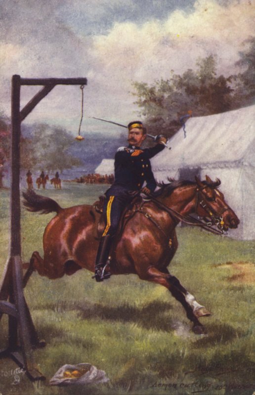 Britse soldaat van de 10th Hussars citroenknipsel (kleurenlitho) door Harry Payne