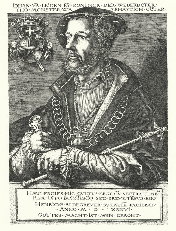 Jan van Leiden, Nederlandse wederdoper en een van de leiders van de Münsterse Opstand van 1534-1535 (gravure) door Heinrich (after) Aldegrever