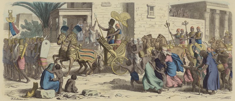 Een oude Egyptische farao vertrekt naar de oorlog (gekleurde gravure) door Heinrich Leutemann