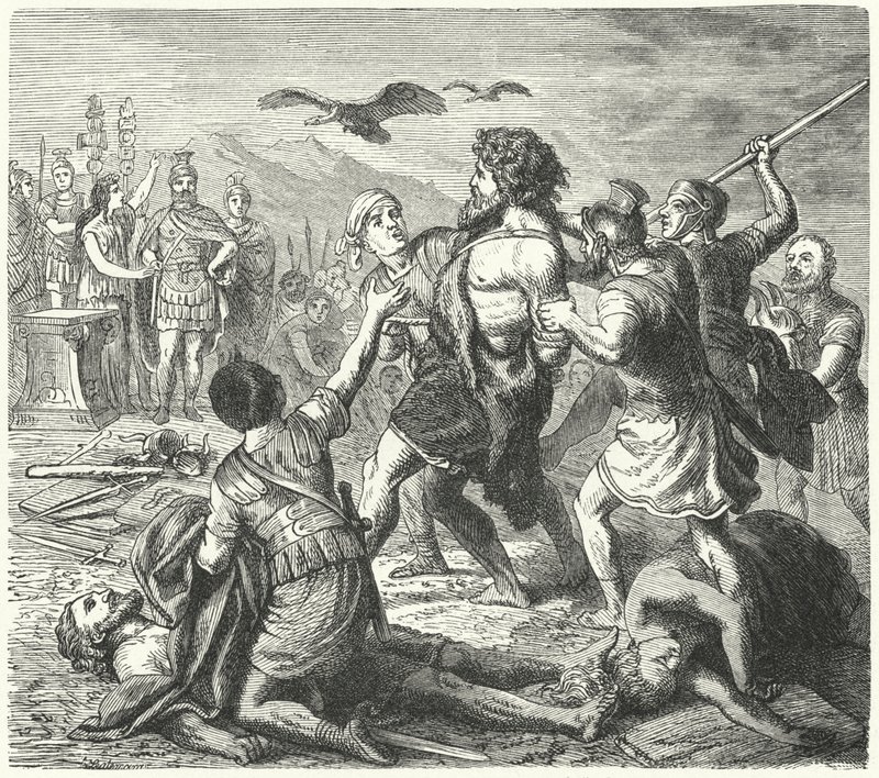 Gevangenneming van Tetobod, koning van de Teutonen, door de Romeinen na de Slag bij Aquae Sextiae door Heinrich Leutemann