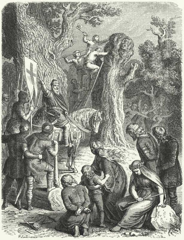 Karel de Grote beveelt het vellen van de Irmensaule, heilige eik van de Saksen, 772 door Heinrich Leutemann