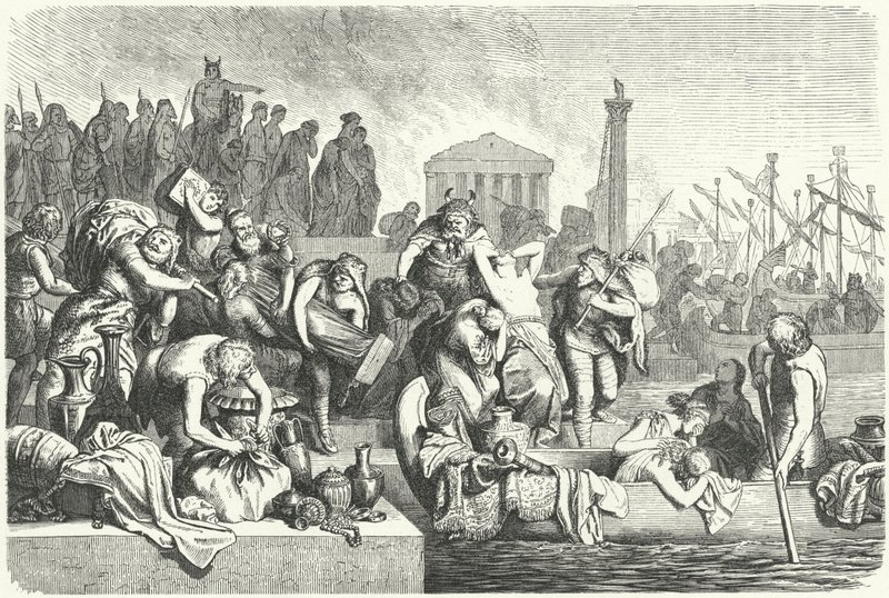Vertrek van een Vandaalse vloot beladen met buit uit een geplunderde stad door Heinrich Leutemann