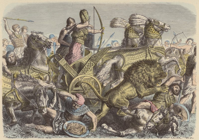 Ramses de Grote van Egypte op het slagveld (gekleurde gravure) door Heinrich Leutemann